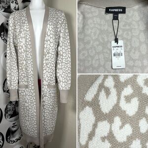 Express Taupe & White Leopard Print Long Knit Cardigan Sweater, Sz L- New w/ Tag